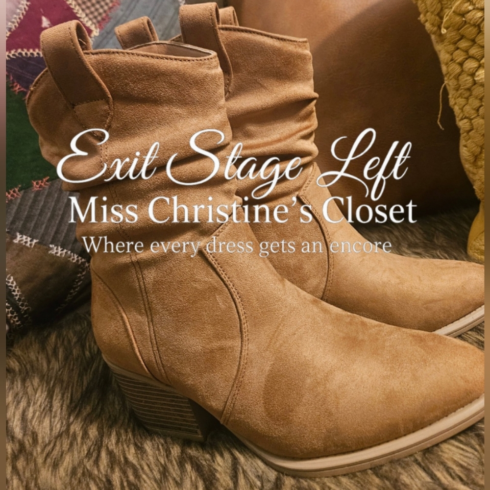 Faux Suede Slouch Cowboy Boots In Tan